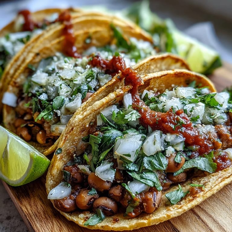 Hearty Black-Eyed Pea Tacos filled with spiced mash, garnished with salsa and jalapeños for a spicy kick.