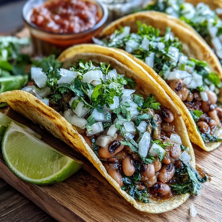 Freshly prepared Black-Eyed Pea Tacos served with lime wedges and cilantro on a wooden serving board.