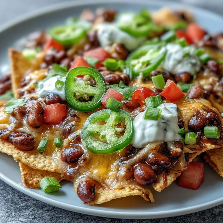 Fresh jalapeño slices and diced tomato garnish loaded Black-Eyed Pea Nachos with sour cream dollops beside lime wedges.