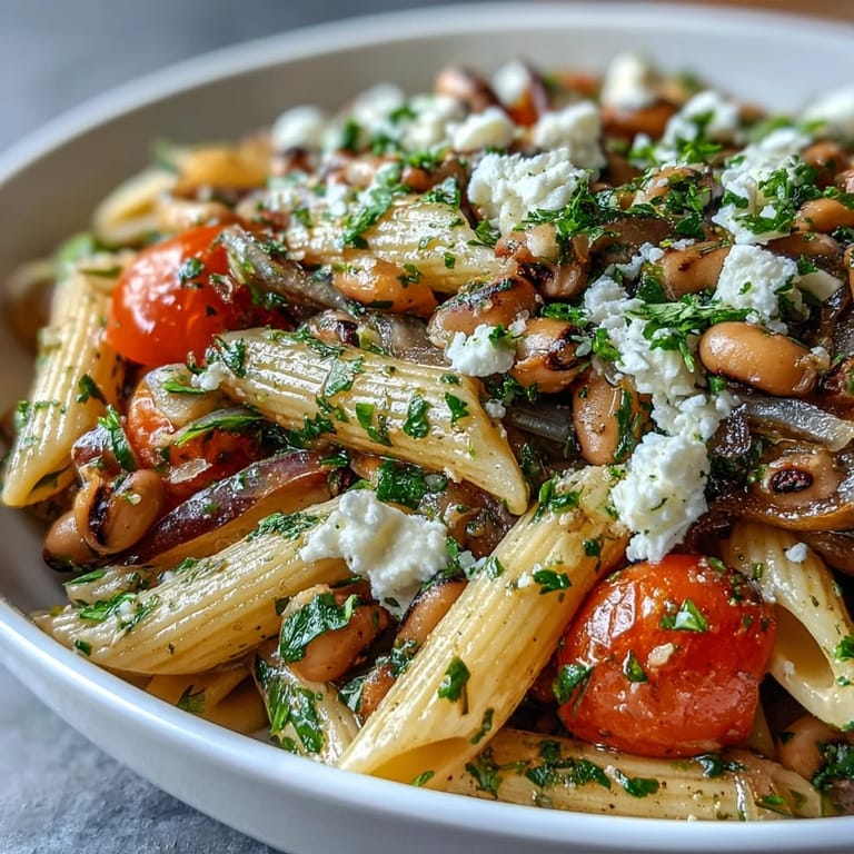 Healthy Mediterranean Black-Eyed Pea Pasta with bright lemon zest and fresh parsley garnish.
