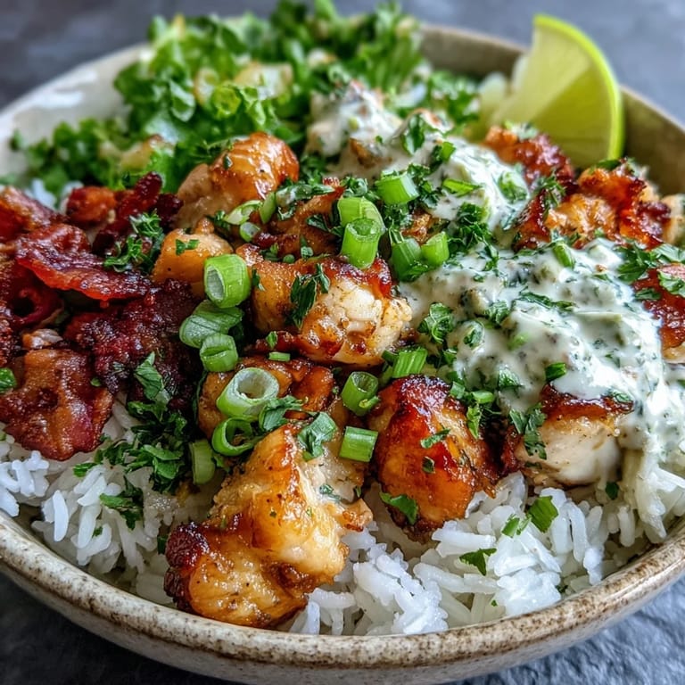 Serving of Coconut Chicken Rice Bowl garnished with fresh herbs and lime wedges.