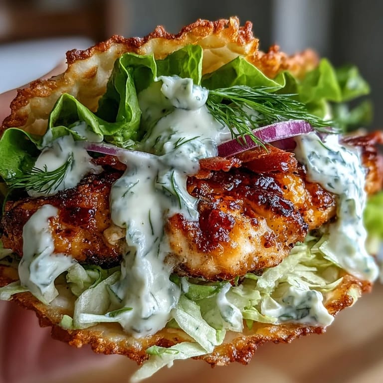 Overhead view of Dill Pickle Ranch Smash Chicken Tacos, showcasing smashed chicken, red onion, and a zesty drizzle on fluffy tortillas.