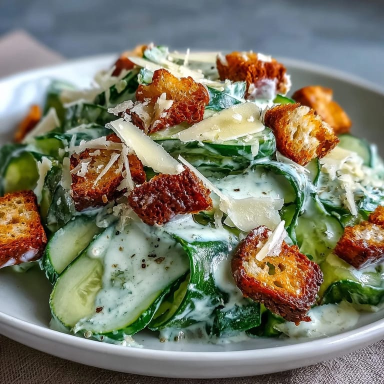 Vibrant Cucumber Caesar Salad served in a white bowl with grated Parmesan and a sprinkle of black pepper.
