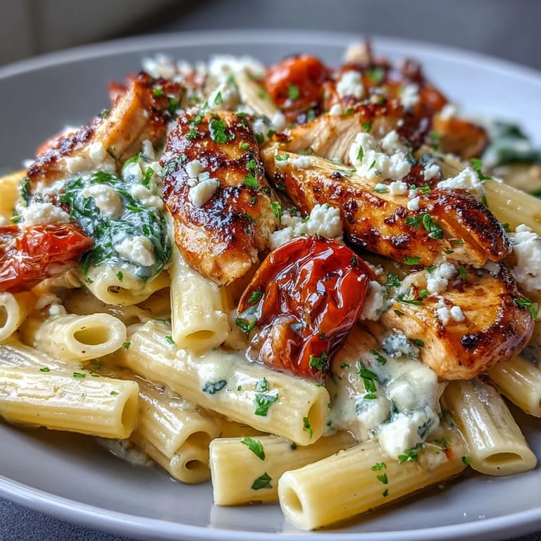 Creamy Greek-inspired Roasted Garlic & Feta Chicken Pasta with penne, wilted spinach, and bright cherry tomatoes in a skillet.