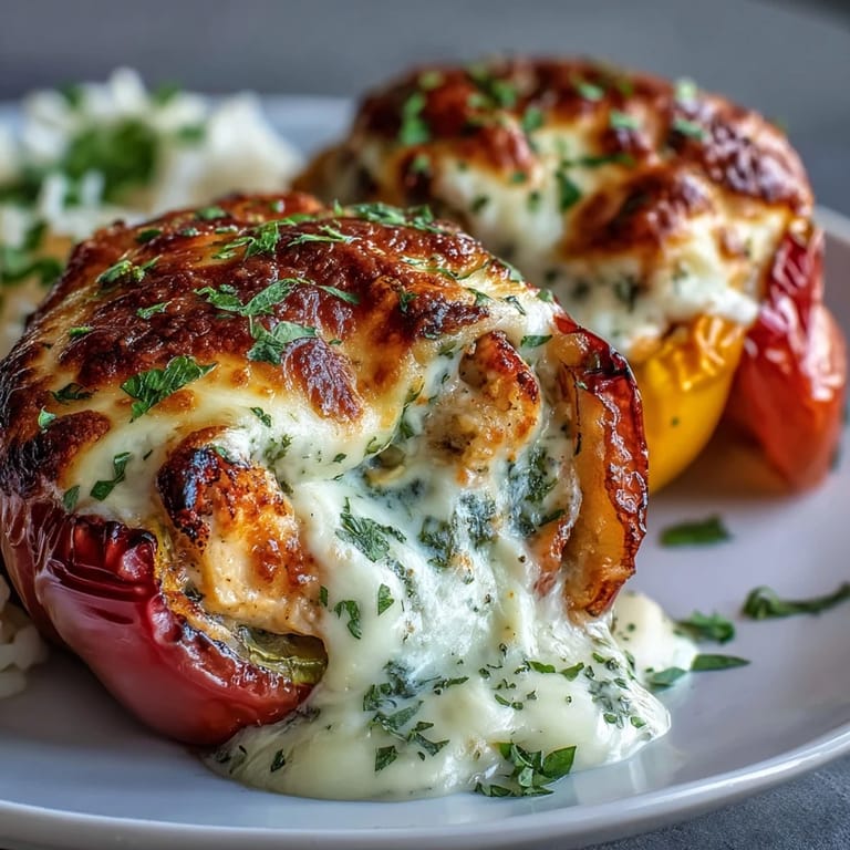 The vibrant red and yellow bell peppers stand upright on a plate, showcasing the hearty garlic Parmesan chicken and rice meal.