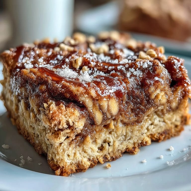 Slices of High-Protein Cinnamon Swirl Coffee Cake Oats reveal a marbled cinnamon interior and crumble topping on a rustic wooden board.