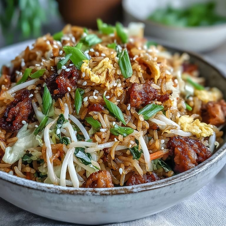Close-up of Crispy Chicken Fried Rice with Egg Roll Flavors, showcasing tender chicken and crisp cabbage mix.