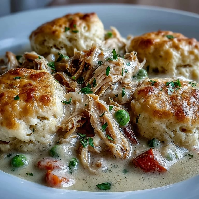 Hearty slow cooker pot with carrots, peas, and ranch-seasoned gravy topped with drop dumplings.