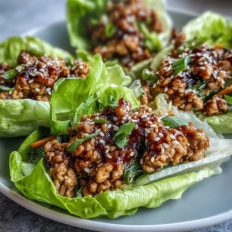 Close-up of Potsticker-Inspired Chicken Lettuce Boats garnished with sesame seeds and green onions.