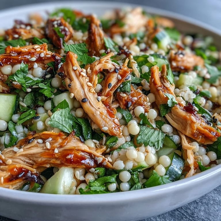 This refreshing Asian Sesame Chicken Couscous Salad is served in a white bowl, garnished with toasted sesame seeds and a drizzle of sesame-soy dressing, ready for a healthy lunch.