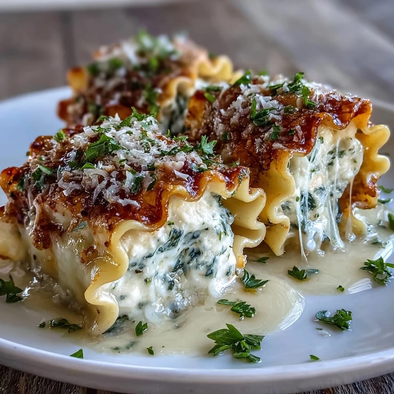Freshly baked Garlic Butter Lasagna Roll-Ups topped with melted mozzarella and chopped parsley.