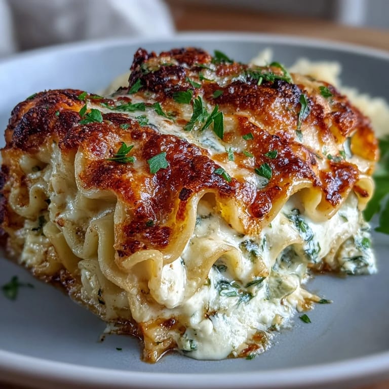 Six baked Garlic Butter Lasagna Roll-Ups served on a plate, drizzled with extra garlic butter sauce.