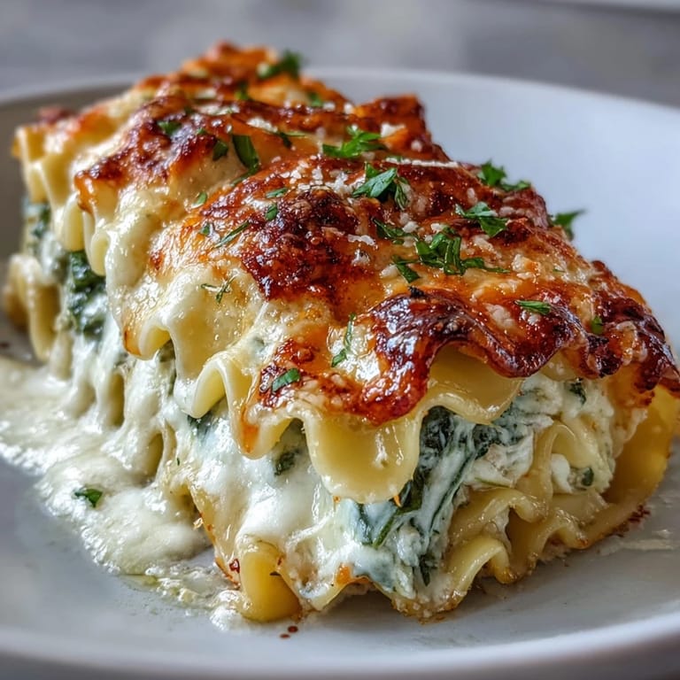 Freshly baked Garlic Butter Lasagna Roll-Ups revealing a rich, cheesy filling with spinach and herbs.