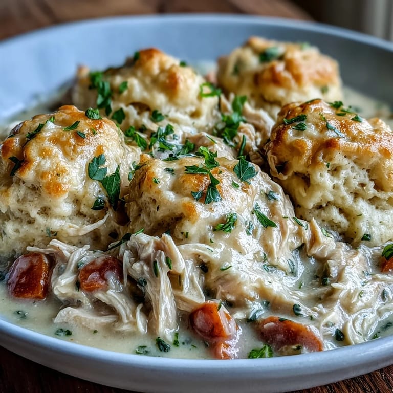 A hearty bowl of Slow Cooker Ranch Chicken & Dumplings garnished with fresh parsley and served with a green salad.