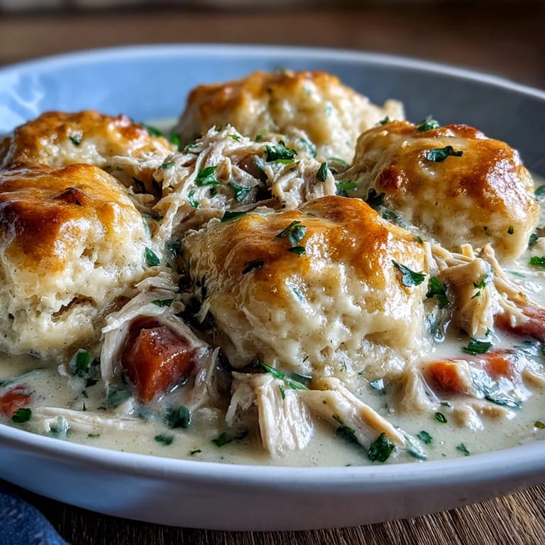 Fluffy drop biscuits bake atop the Slow Cooker Ranch Chicken & Dumplings, perfect for a cozy family dinner.