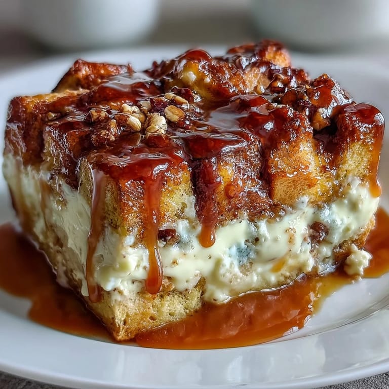 Decadent Caramel Cream Cheese French Toast Casserole served warm, drizzled with extra caramel sauce and fresh berries on the side.