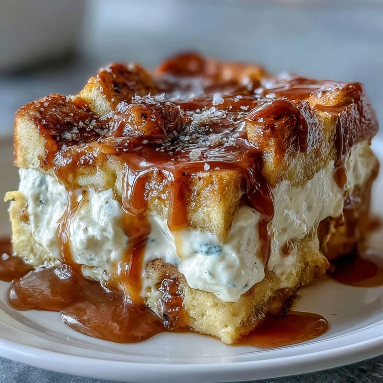 Sliced Caramel Cream Cheese French Toast Casserole revealing layers of soft bread and cream cheese filling on a rustic plate.