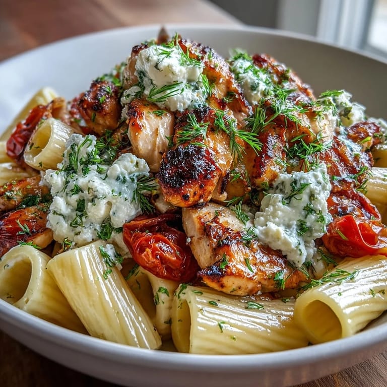 Tender roasted chicken and sweet garlic cloves mingle with penne and cherry tomatoes in this Greek-inspired dish.