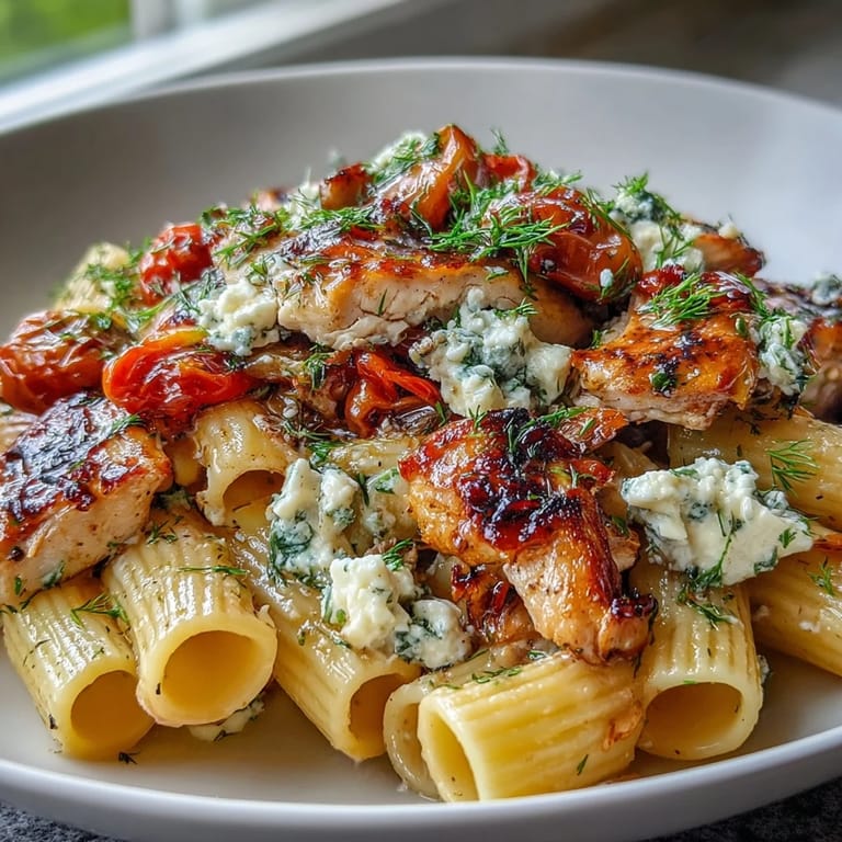Fresh herbs and crumbled feta top a steaming plate of Roasted Garlic & Feta Chicken Pasta ready to serve.