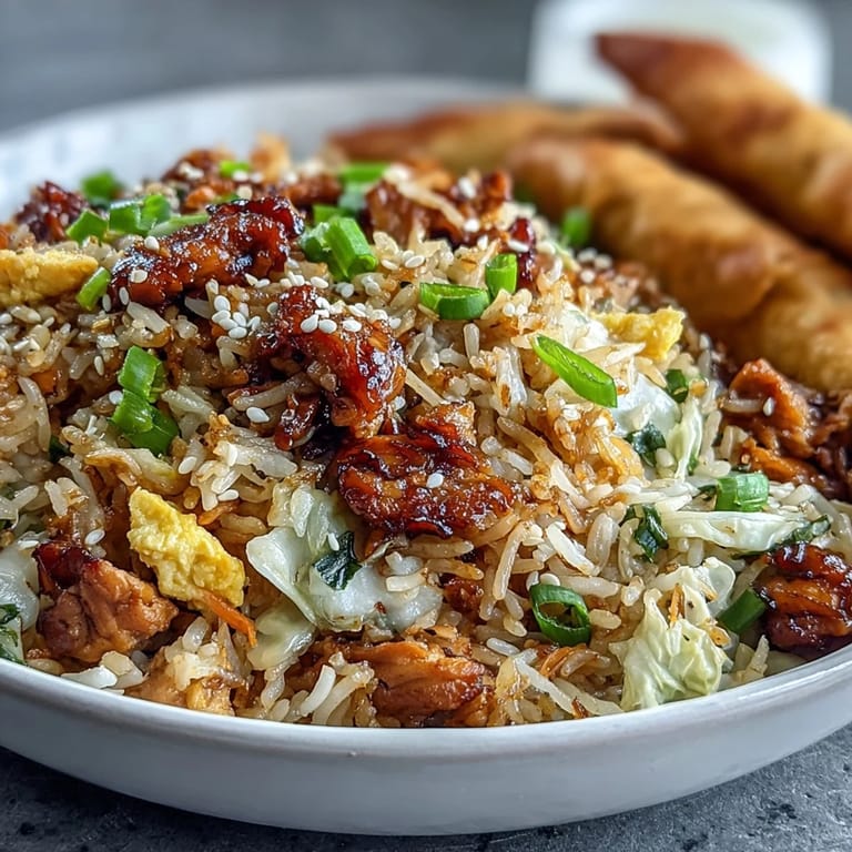 Hearty bowl of Crispy Chicken Fried Rice with Egg Roll Flavors topped with green onions and sesame seeds beside chopsticks.