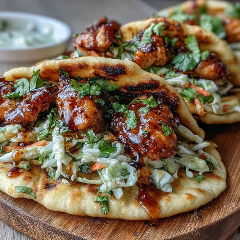 Warm golden garlic naan tacos filled with glazed honey garlic chicken and tangy slaw, ready to serve