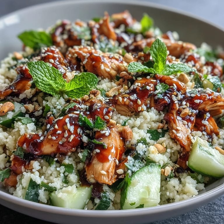 Fork holding a bite of Asian Sesame Chicken Couscous Salad, showcasing glistening sesame-soy dressing and fluffy pearl couscous with fresh mint and cilantro.