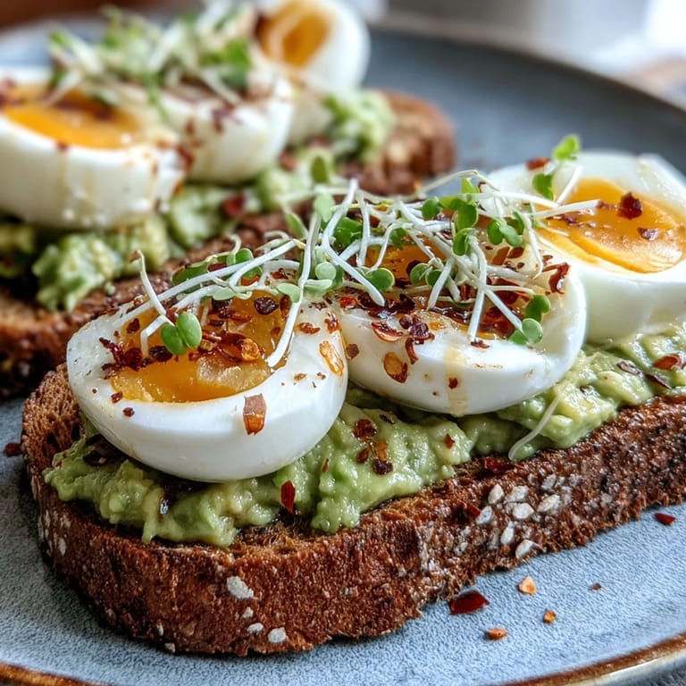Two halves of soft-boiled egg crowned with microgreens on golden Clean Eating Avocado Toast.