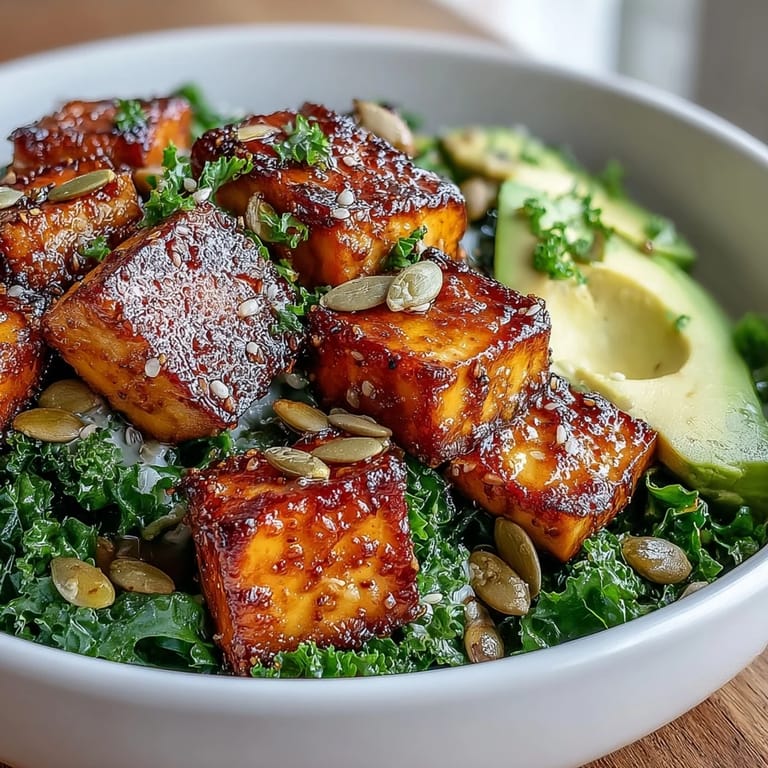 Wholesome vegan breakfast bowl featuring crispy tofu cubes, vibrant kale, and ripe avocado, topped with green onions and pumpkin seeds.