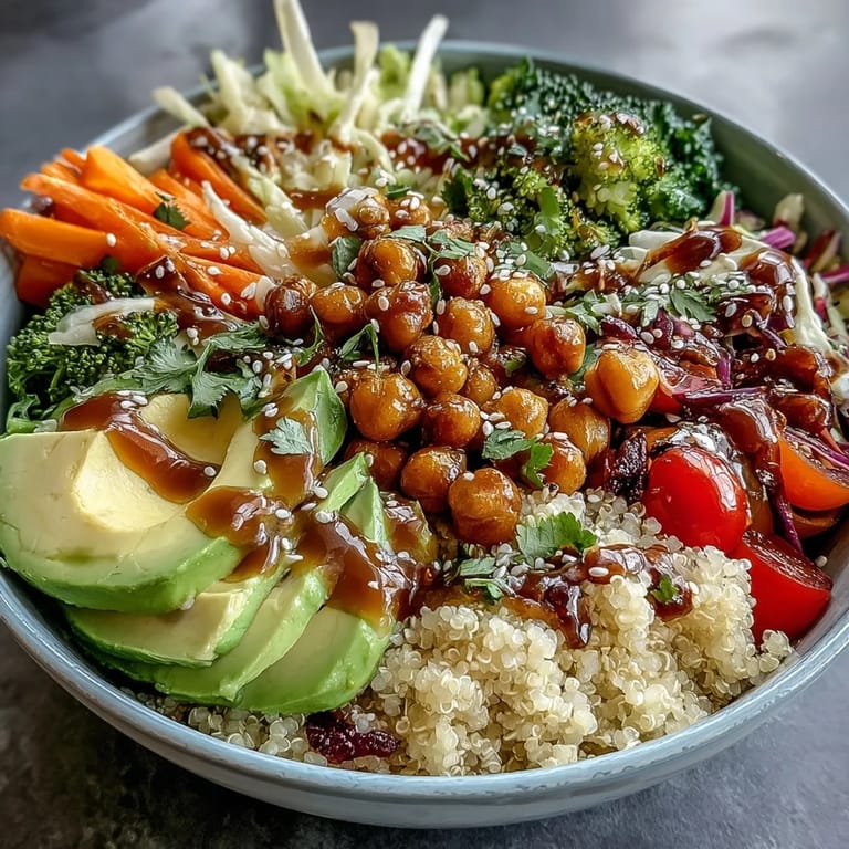 Colorful Buddha bowl featuring cherry tomatoes, avocado, broccoli, and chickpeas, drizzled with homemade sesame ginger dressing for a healthy lunch.