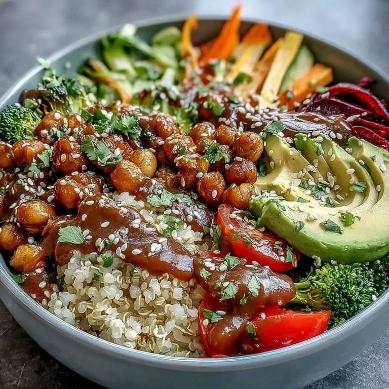 Nourishing Buddha bowl with quinoa, shredded carrots, cabbage, and bell peppers, topped with creamy avocado and tangy sesame ginger dressing.