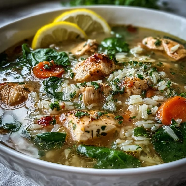 Wholesome lemon chicken rice soup brimming with fresh veggies, zesty lemon, and aromatic herbs, served hot for a nourishing one-pot dinner.