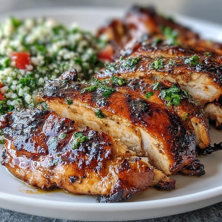 Herb-marinated grilled chicken served alongside smooth hummus and a refreshing parsley-mint tabbouleh, ideal for a wholesome Mediterranean feast.