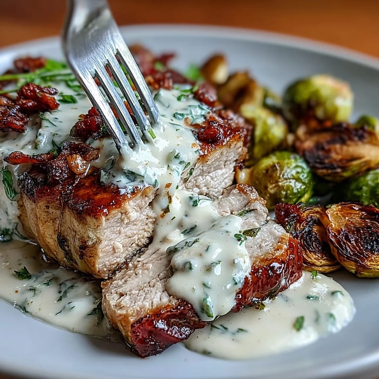 Tender pork chops bathed in a rich, tangy Dijon mustard sauce, served alongside perfectly caramelized Brussels sprouts for a low-carb feast.  