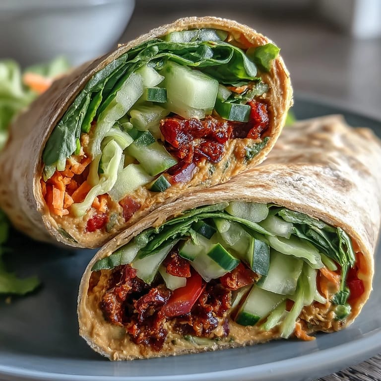 Vibrant Mediterranean-style wraps with protein-rich hummus, crisp vegetables, and whole wheat tortillas for a satisfying meal.  
