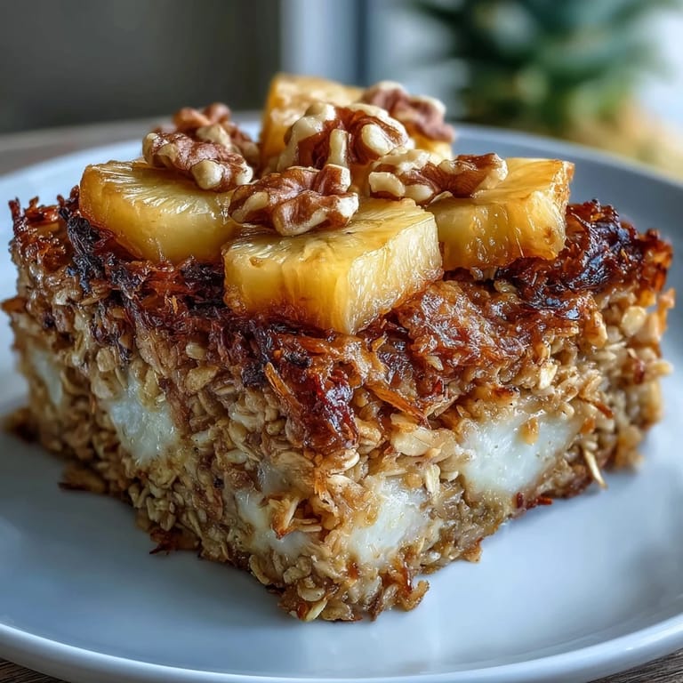 A close-up view of a sliced Vegan Tropical Oatmeal Bake showing the texture of oats and pineapple chunks.