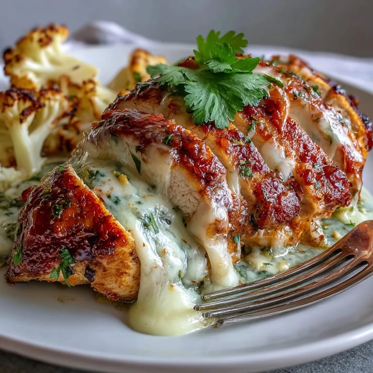 Rich and velvety poblano cream sauce coats juicy chicken breasts, paired with smoky, perfectly roasted cauliflower florets for low-carb comfort.