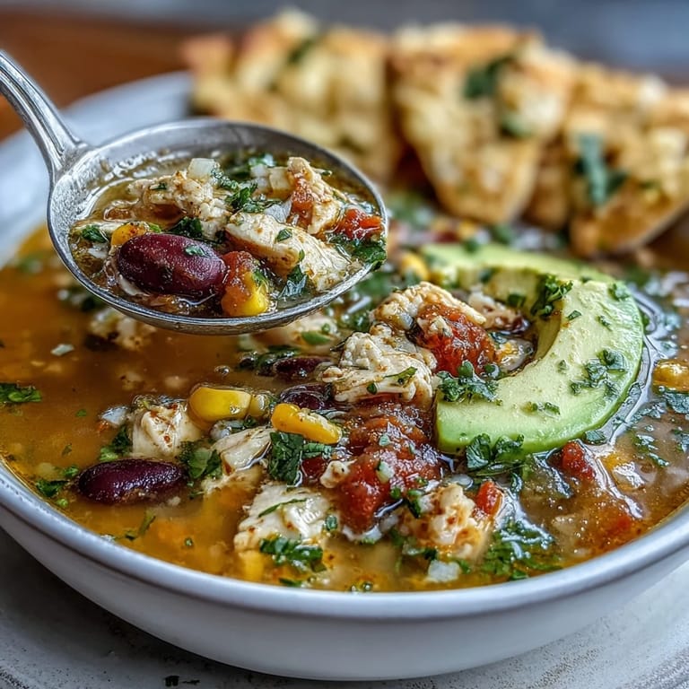 High-Protein Chicken Taco Soup with Veggie Confetti: Healthy, protein-rich soup packed with diced chicken, black beans, kidney beans, and a rainbow of fresh vegetables in every spoonful.