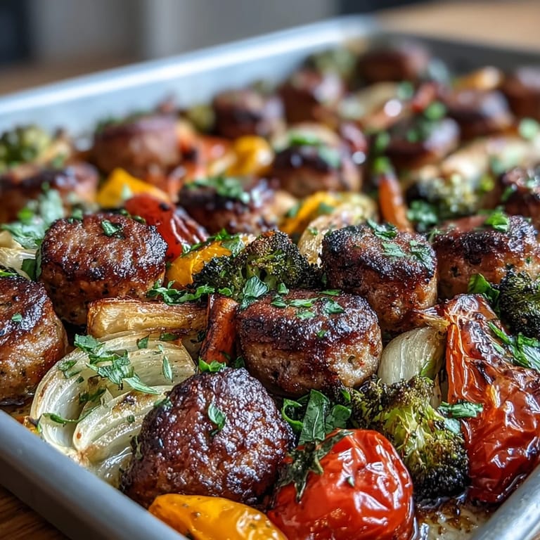 Vibrant roasted vegetables and seasoned sausage on a sheet pan, showcasing a rainbow of colors and rich flavors.