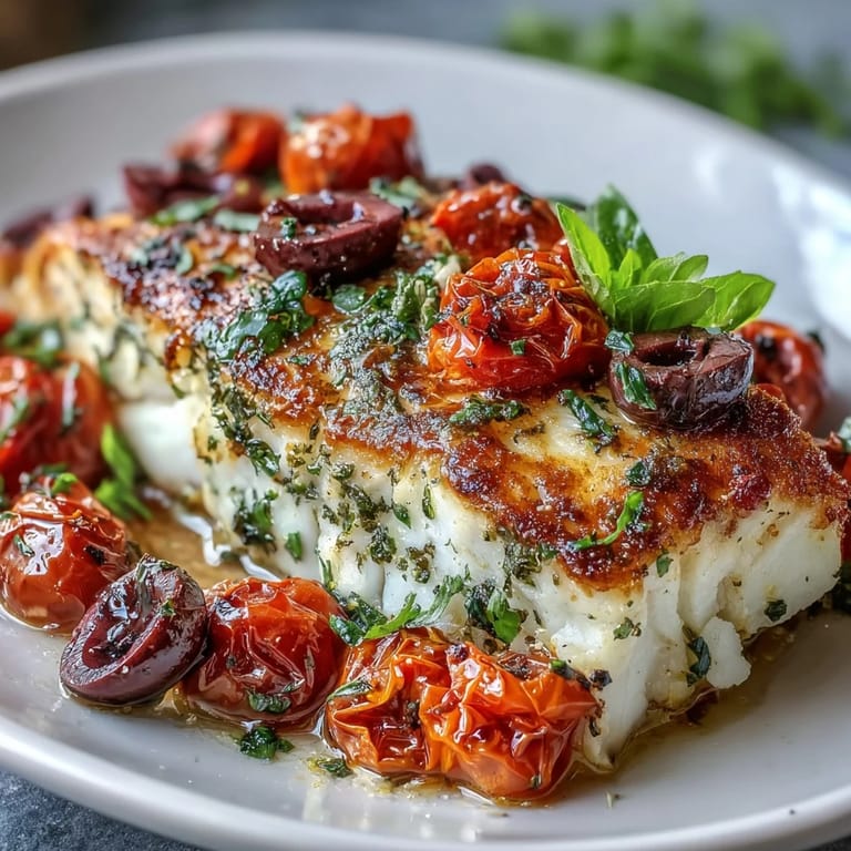 Golden-baked cod fillets topped with a vibrant mix of tomatoes, olives, capers, and fresh basil for a Mediterranean-inspired meal.  