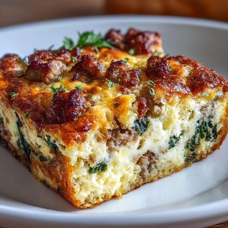 Fluffy egg and sausage casserole loaded with spinach, perfect for low-carb meal prep mornings.  