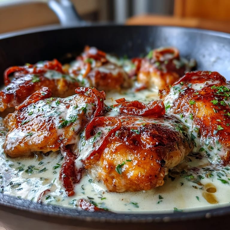 Juicy chicken thighs simmered in a rich pepperoncini cream sauce, garnished with extra tangy peppers for bold flavor.