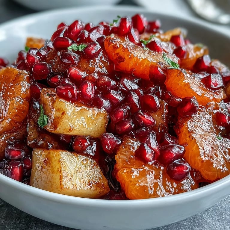 This festive holiday fruit salad features crisp Fuji apples, juicy mandarin segments, and pomegranate seeds tossed in a sweet cinnamon vanilla dressing.  