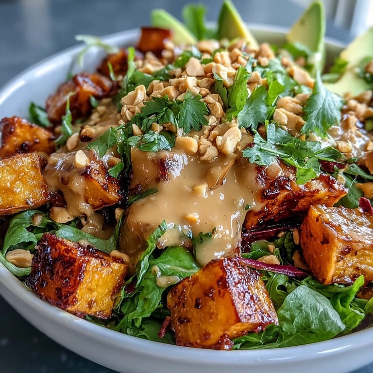 Creamy Thai peanut sauce drizzled over roasted sweet potatoes and fresh vegetables in a nourishing Buddha bowl.  