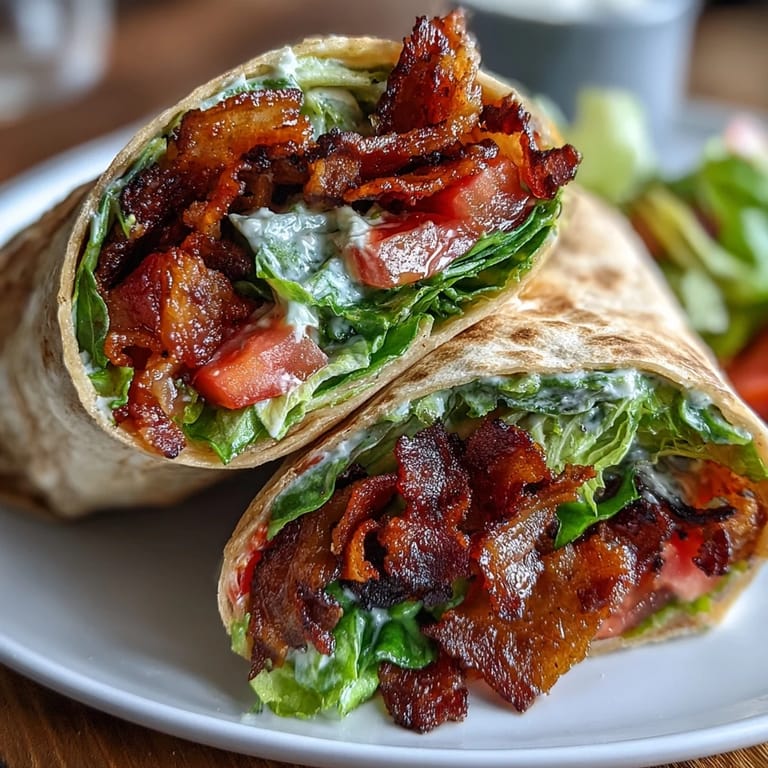 Crispy bacon, juicy marinated tomatoes, and shredded lettuce wrapped in low-carb tortillas with a creamy secret sauce for an easy dinner.
