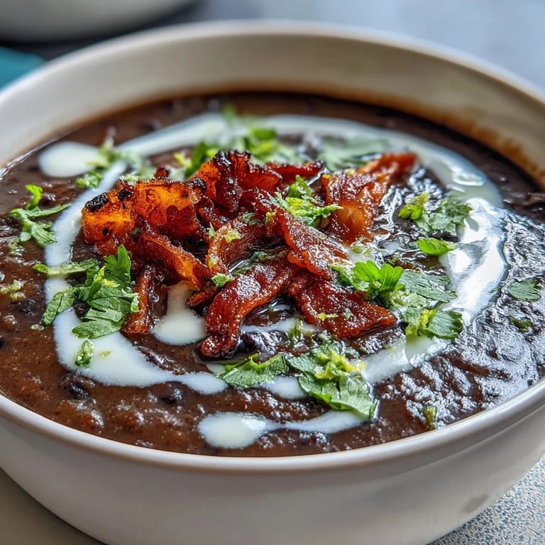Velvety black bean soup infused with smoky bacon, topped with tangy lime crema and a sprinkle of fresh herbs.  