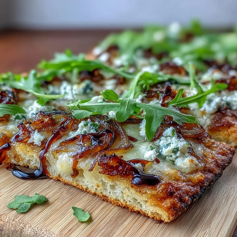 Aromatic caramelized onions and creamy goat cheese on a crisp flatbread, garnished with fresh arugula and balsamic glaze for a restaurant-quality vegetarian dish.