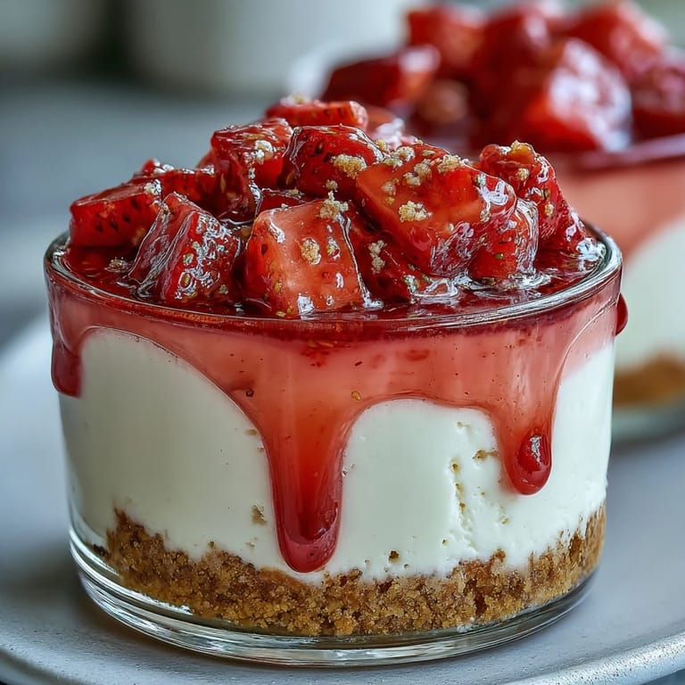 No-bake cheesecake cups layered with buttery graham cracker crust and sweet strawberries for Valentine's Day.  