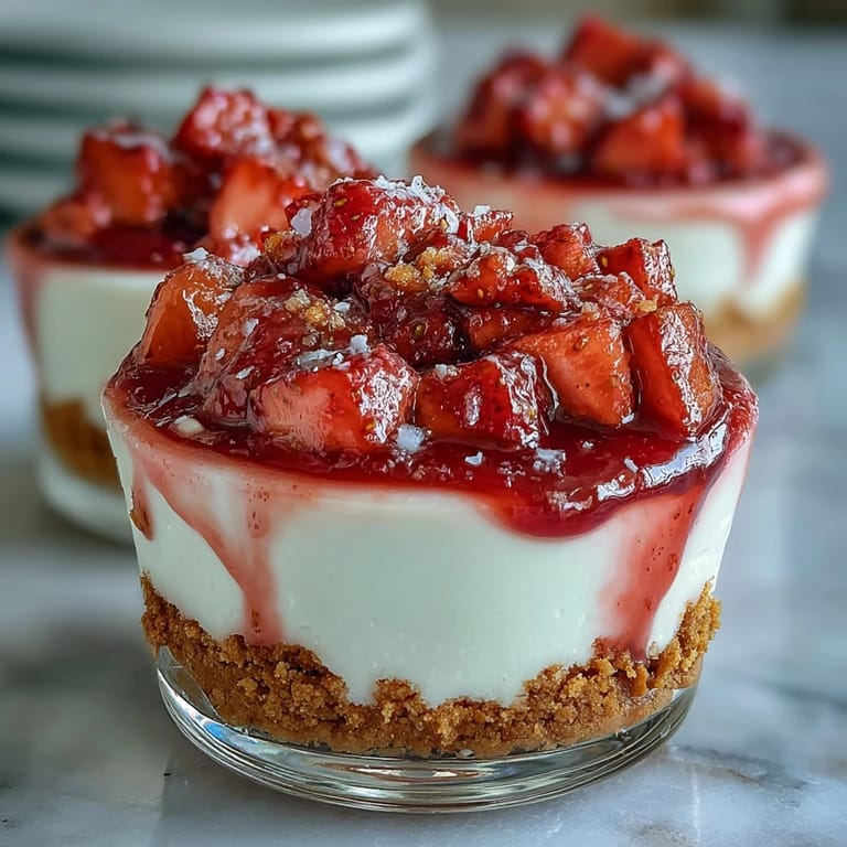 Decadent individual cheesecake cups with velvety cream cheese and juicy strawberries, perfect for a romantic dessert.