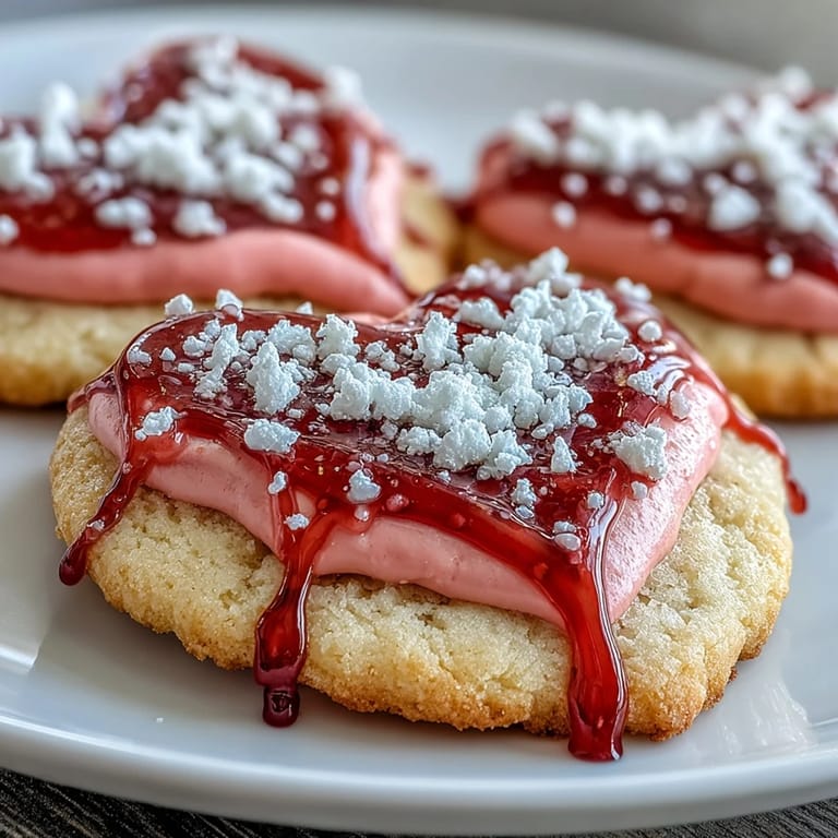 Tender, buttery sugar cookies cut into hearts and topped with vibrant strawberry icing, ideal for Valentine's Day treats.