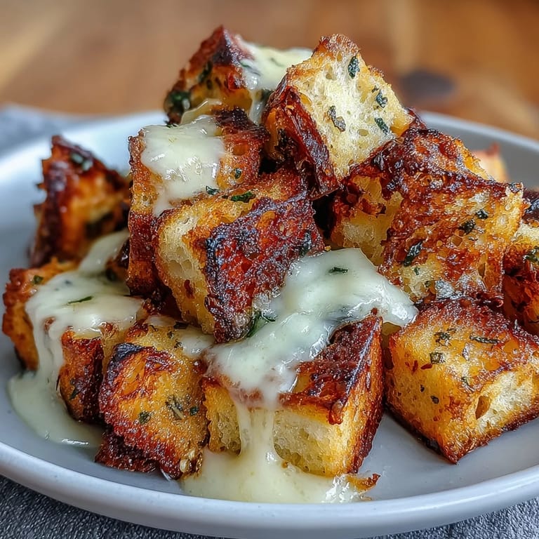 Herb-seasoned sourdough croutons with melted Gruyère, the ideal crunchy topping for a steaming bowl of French onion soup.